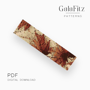 Peyote bracelet pattern with falling abstract maple leaves in rust, terracotta, cream, and brown.