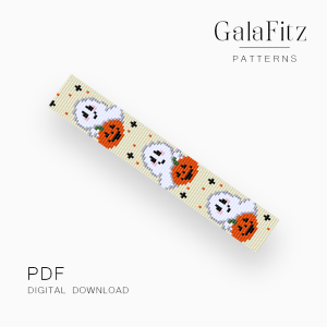 Halloween loom bracelet pattern with orange pumpkins, white ghost faces, and black details on a cream background.