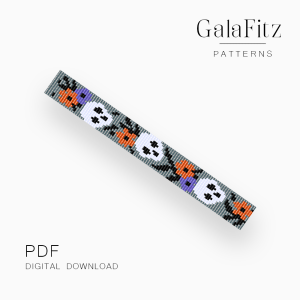 Halloween loom bracelet with white skulls and orange and purple flowers on a gray background.