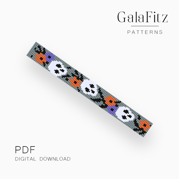 Halloween loom bracelet with white skulls and orange and purple flowers on a gray background.