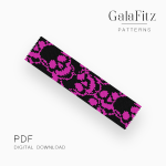 Pink abstract skulls on black Halloween peyote bracelet pattern with repeating curved details.