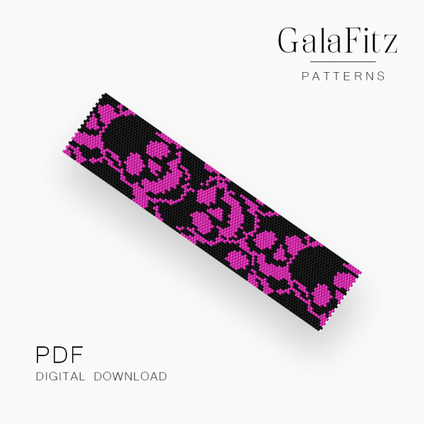 Pink abstract skulls on black Halloween peyote bracelet pattern with repeating curved details.